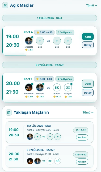 Padel App açık maçlar ekranı; katıl butonu, dolu durumu, rating aralığı ve yaklaşan maçlar listesi