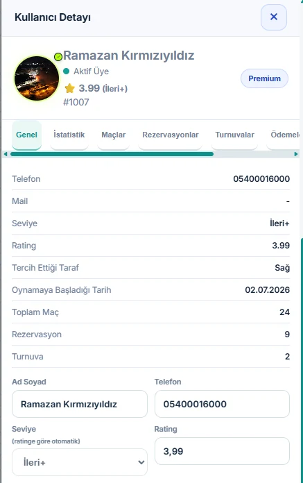 Padelix App admin oyuncu 360 kullanıcı detay ekranı; oyuncu genel bilgileri, seviye ve rating düzenleme alanı