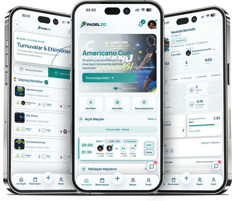Padelix App padel app ana sayfa, etkinlikler ve oyuncu profili ekran görüntüleri