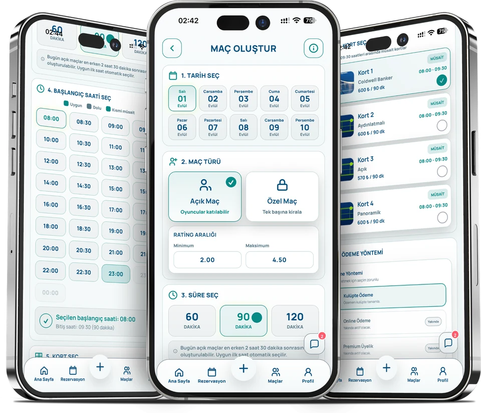 Padel App maç oluşturma, tarih seçimi, kort seçimi ve ödeme yöntemi ekranları