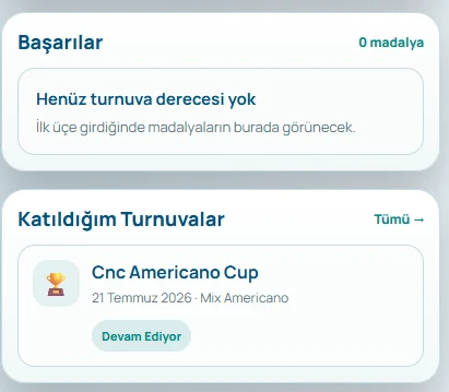 Padel App başarılar, katıldığım turnuvalar ve turnuva dereceleri ekranı