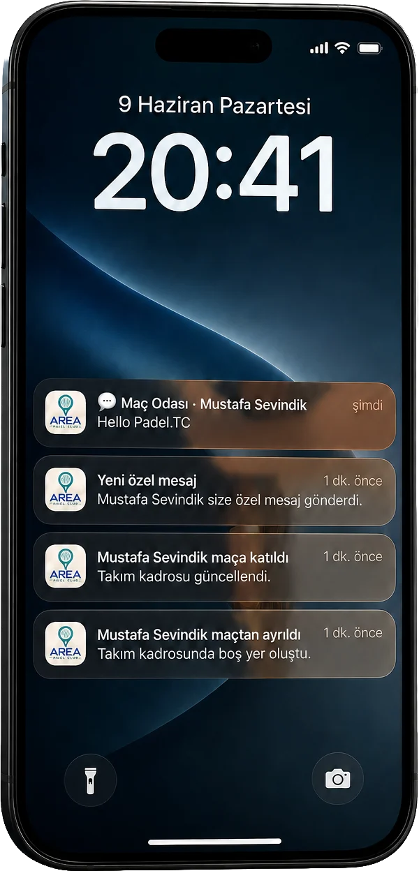 Padel App push bildirim mockup ekranı; maç odası, özel mesaj ve takım kadrosu bildirimleri
