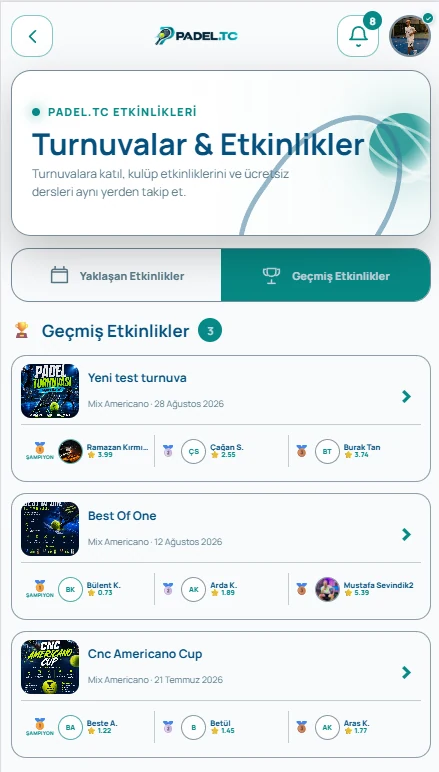 Padel App turnuvalar ve etkinlikler ekranı; geçmiş etkinlikler, şampiyonlar ve turnuva kartları
