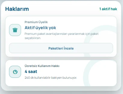 Padel App haklarım ekranı; premium üyelik durumu ve ücretsiz kullanım hakkı