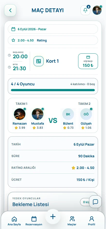 Padel App maç detayı ekranı; takım yapısı, kort, süre, rating aralığı, ücret ve bekleme listesi