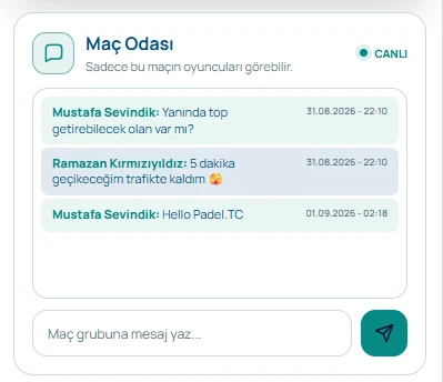 Padel App maç odası sohbet ekranı; oyuncular arası mesajlaşma alanı