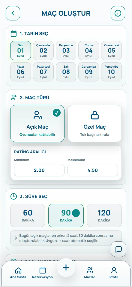 Padel App rezervasyon ve maç oluşturma ekranı; tarih seçimi, maç türü, rating aralığı ve süre seçimi