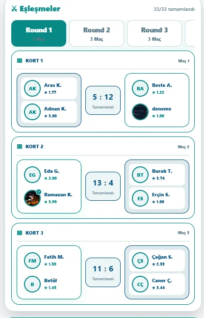Padel App turnuva eşleşmeler ekranı; roundlar, kort bazlı maçlar ve skor sonuçları
